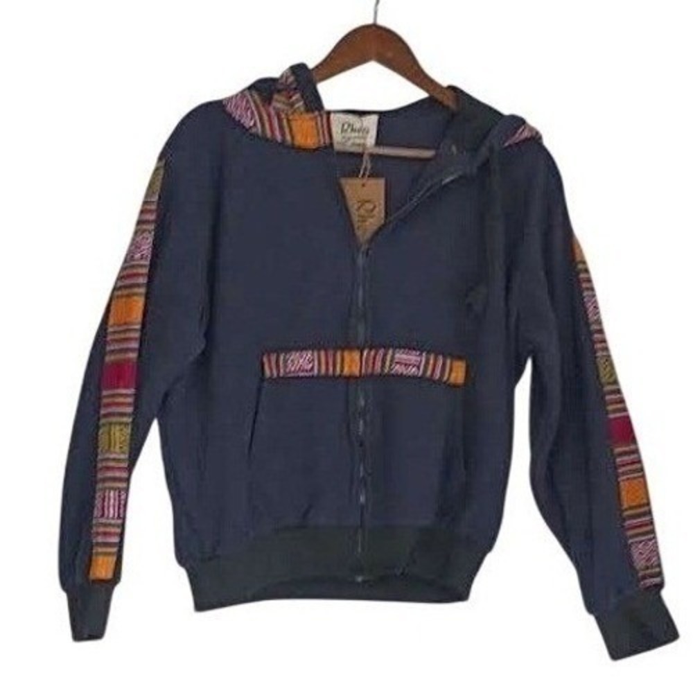 NWT Rhea Artisan Fleece Hoodie Jacket Navy Boho Trim Zip Up Women Unisex L NWT - Picture 2 of 10